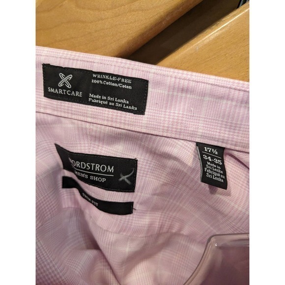 Nordstrom Button Down Shirt, Mens 17 1/2 34-35 Pink, Checked TRIM Fit - Picture 3 of 4